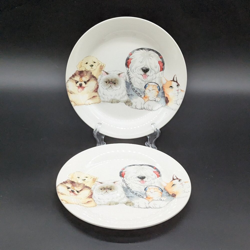 Pier 1 Cats And Dogs Family Two Salad Plates Ironstone Sheep Dog Puppy Kitten